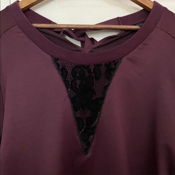 Lane Bryant Maroon Satin Lace Detail Sweatshirt Style Ties at Back Neck Sz 26 - Picture 3 of 13
